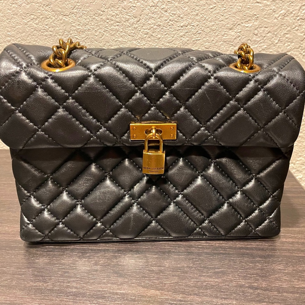 Kurt Geiger Brixton Diamond Quilted Leather Padlock Shoulder Bag BLACK